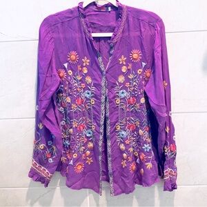 Johnny Was Purple Floral Embroidered Button Down Shirt